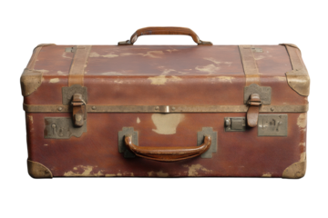 Close up of a vintage brown suitcase with metal accents