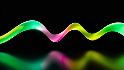 Symmetrical Multicolor Wave of Green, Yellow, Pink, and Turquoise Ribbons Flowing Across a Black Background with Reflective Mirror Effect and Smooth Gradient Transitions in a Dynamic Abstract Composit