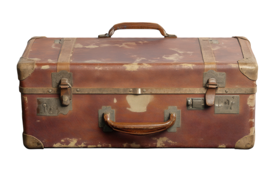 Close up of a vintage brown suitcase with metal accents