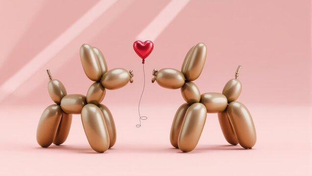 Two golden balloon dogs gaze lovingly at a red heart-shaped balloon. Pink background