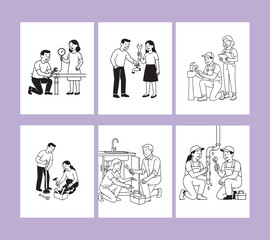 Plumber and repair vector set – people fixing water pipes, checking leaks, and maintaining plumbing systems in minimal line art style
