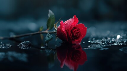 Close-up of a single red rose with water droplets on its petals. the rose is in the center of the image, with its stem and leaves visible.