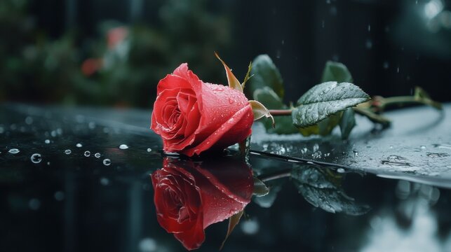 Close-up of a single red rose with water droplets on its petals. the rose is in full bloom and its stem and leaves are visible.