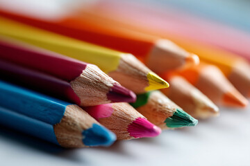 Obraz premium A row of colored pencils with a green tip