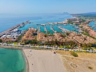 aerial view of Sotogrande, marina with boats and yachts, with a view towards the Rock of Gibraltar, San Roque, Torreguadiaro, Costa del Sol, Cádiz, Andalusia,  © keBu.Medien