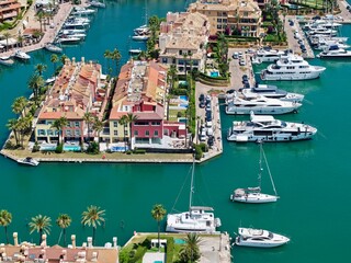 aerial view of Sotogrande, marina with boats and yachts, San Roque, Torreguadiaro, Costa del Sol, C&aacute;diz, Andalusia, Malaga, Spain