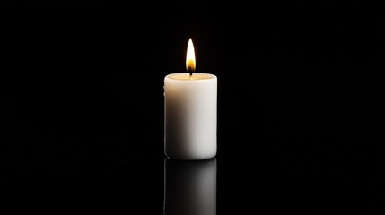 Photograph of a single white candle on a black background. the candle is in the center of the image and is lit, with the flame burning brightly.