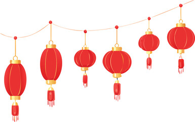 Traditional red chinese lanterns hanging on a string for festive decorations and celebrations
