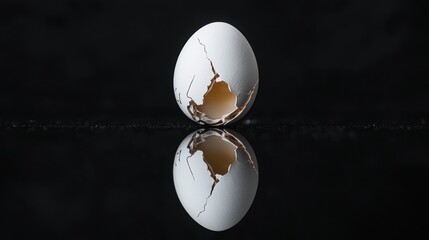 Close-up of an eggshell on a black background. the eggshell is white and appears to be cracked open, with the inside of the shell visible.