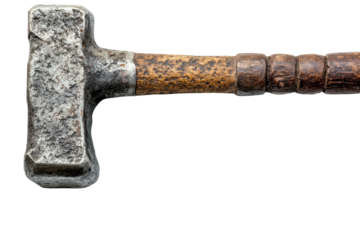 Close up of a hammer with a wooden handle on transparent background