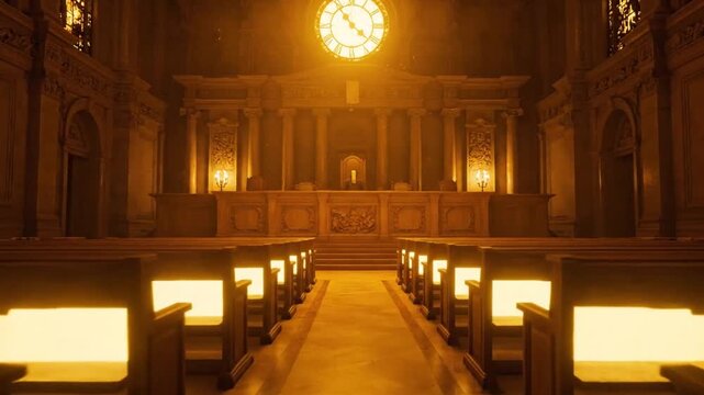 Grand Courthouse Interior with Clock, Golden Light, and Empty Benches