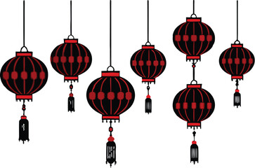Traditional chinese lanterns with intricate patterns hanging against a white background for festive decoration