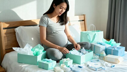 pregnant woman organizing baby gifts on bed, gentle pastels, calm thoughtful morning preparation
