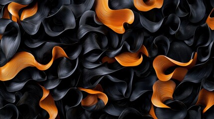 Abstract digital art piece that appears to be made up of multiple layers of black and orange wavy lines.