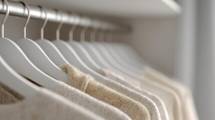 Row of white clothes hangers hanging on a metal rack in a closet. the hangers are arranged in a neat and orderly manner, with each hanger slightly overlapping the one below it.