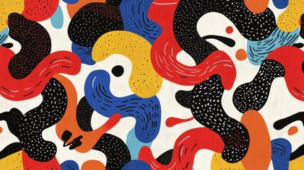 Abstract pattern with a white background. the pattern is made up of various shapes and colors, including red, blue, yellow, black, and orange.