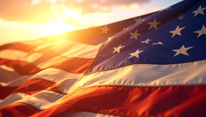 Star-Spangled Banner in the Breeze: A vibrant display of the American flag waving proudly against a radiant sunset, its stars and stripes illuminated by the sun's warm embrace.