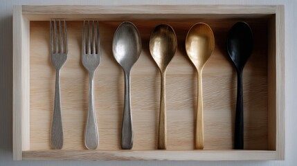Wooden tray with six utensils arranged neatly in it. on the left side of the tray, there is a fork with a silver handle and a pointed tip.