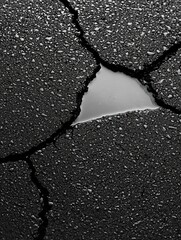 Close-up of a cracked asphalt surface. the cracks are deep and wide, and the surface is covered in small droplets of water.