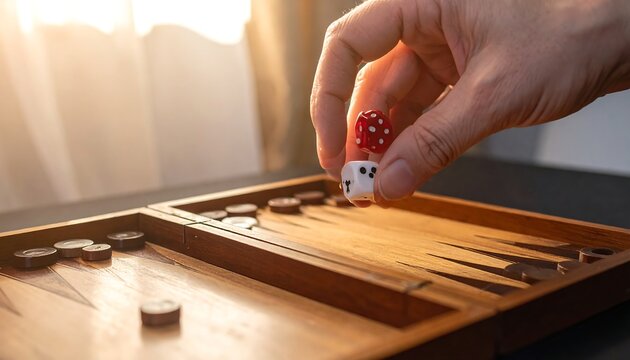 Hand holding dice over backgammon board