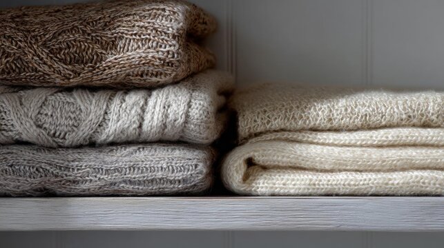 Stack of folded blankets on a wooden shelf. the blankets are neatly folded and stacked on top of each other.