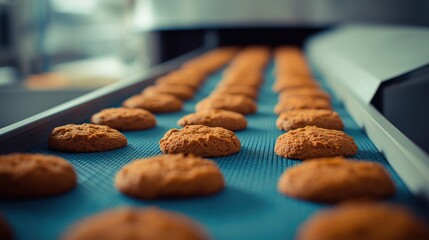 Automated rows of golden cookies moving rapidly on a blue mesh conveyor belt in a large factory