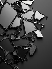 Close-up of a group of broken glass pieces scattered on a black surface. the pieces are of different sizes and shapes, with some being larger and some being smaller.