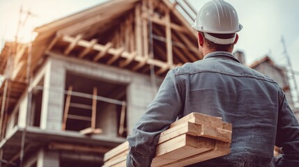 Fototapeta premium Rear view of a builder carrying wooden planks toward a new house under construction