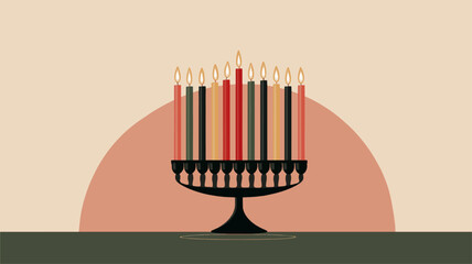 Elegant Kwanzaa kinara with seven candles in red, green, and black, symbolic African American unity and heritage celebration background.