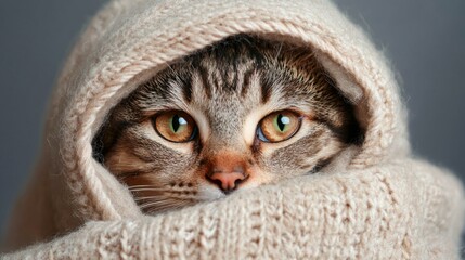Close-up of a cat's face peeking out from under a beige blanket. the cat's eyes are wide open and its fur is a mix of brown and black stripes.