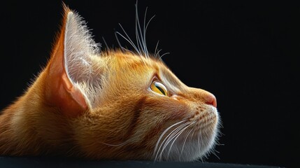 Close-up of a cat's face. the cat appears to be an orange tabby with white whiskers. its eyes are a bright yellow color and its nose is slightly upturned.