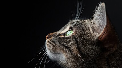 Close-up of a cat's face. the cat appears to be a tabby with gray fur and green eyes. its head is tilted upwards, as if it is looking up towards the sky.