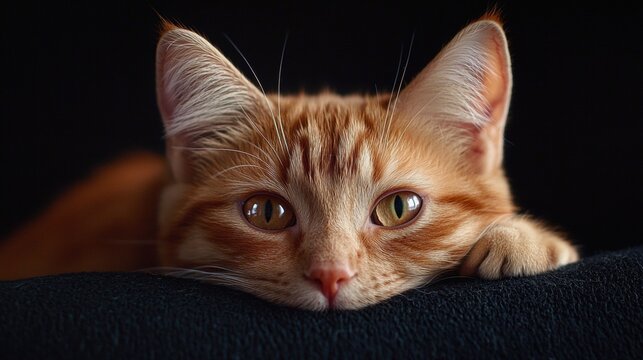 Close-up of a cat's face. the cat appears to be an orange tabby with white whiskers. its eyes are wide and alert, and its nose is pink.