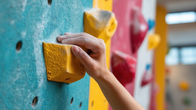 Hand gripping a bright yellow rock climbing hold on a blue textured gym wall