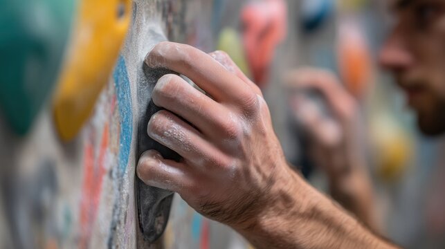 Man's chalk-covered hand securing a solid grip on a black hold during indoor climbing - Powered by Adobe