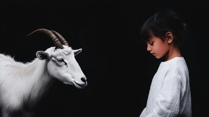 Black and white photograph of a young girl standing in front of a white goat. the girl is wearing a white long-sleeved shirt and her hair is pulled back in a bun.