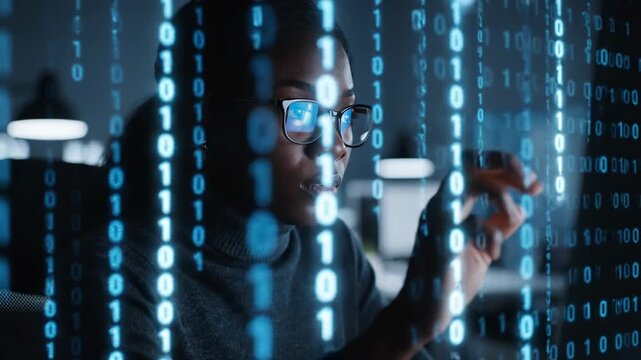 A focused black woman wearing glasses, surrounded by glowing binary code, representing programming and data analysis vector illustration