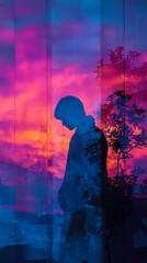 A silhouette of a pensive person with a colorful sky background