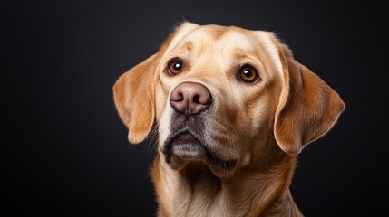 Close-up portrait of a yellow labrador retriever dog. the dog is looking directly at the camera with a curious expression. its fur is a golden-brown color and its eyes are a deep brown.