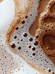 Close-up of a liquid substance, which appears to be coffee or tea. the substance is a light brown color and has a smooth texture.