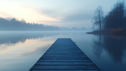 Naklejka premium A wooden dock extends into a calm lake surrounded by trees and mist.