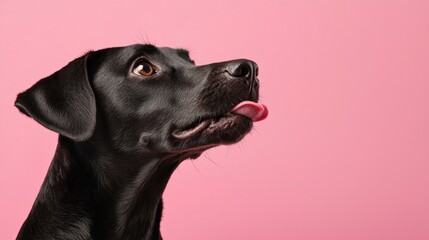 Close-up portrait of a black labrador retriever dog. the dog is facing towards the right side of the image, with its head tilted upwards and its tongue sticking out.