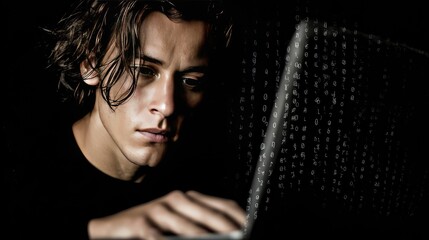 Young Man Coding in Dark Room with Digital Binary Code Overlay