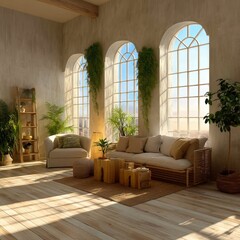 An inviting and stylish interior living room with large arched windows, creating a bright and airy atmosphere