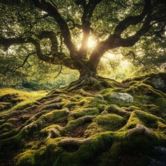 A majestic old tree with sprawling roots covered in moss, bathed in sunlight, creates a magical and tranquil scene. The sun shines through the leaves.