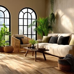 An Interior scene of a bright, cozy living room decorated with plants, wooden floor and arch windows. The space is full of natural light, creating a warm and inviting atmosphere.