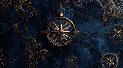 Digital illustration of a compass rose on a dark blue background with a world map in the background.