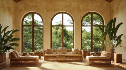 A bright and airy interior with stylish furnishings, large arched windows showcasing a lush outdoor view, and decorative plants.