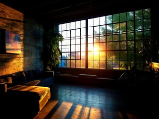 The setting sun bathes a stylish, industrial-chic living room in warm light, casting long shadows across the polished floor