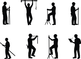 Construction worker silhouettes, black and white illustration, safety gear, tripod inspection, clipboard review, measuring pose, crane climbing, teamwork, tools, posture